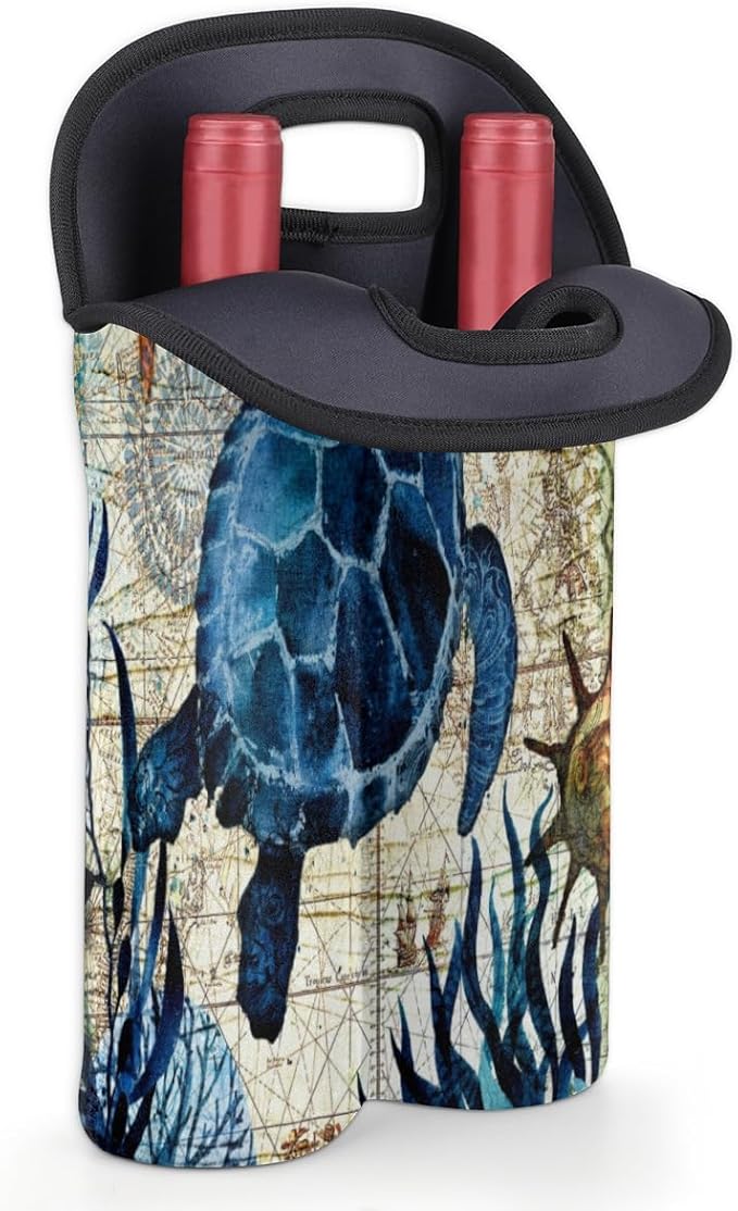 Vintage Sea Turtle 2 Bottle Wine Carrier Tote Bag Insulated Neoprene Portable Wine Cooler for Travel Picnic Beach