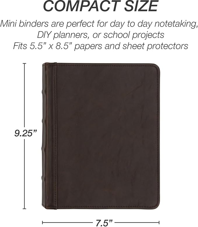 Samsill Vintage Leather Mini 3 Ring Zipper Binder, 1 Inch Round Ring Capacity (Holds 200 Sheets), 5.5 x 8.5 Inch Documents, Notebook Organizer, Planner, Brown