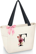 Vavabox Tote Bag, A-Z Initial Monogrammed Waterproof Tote Bag, Bridesmaid Gifts for Women, Black and Pink