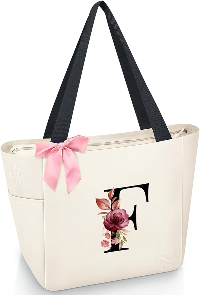 Vavabox Tote Bag, A-Z Initial Monogrammed Waterproof Tote Bag, Bridesmaid Gifts for Women, Black and Pink