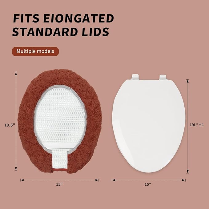 Microfiber Elongated Toilet Seat Cover 19.5"x 15" Machine Washable Solid Toilet Lid Cover Adjustable Rubber Backing Fits Most 18-19.5" L x 14-16" W Elongated Toilet Seat