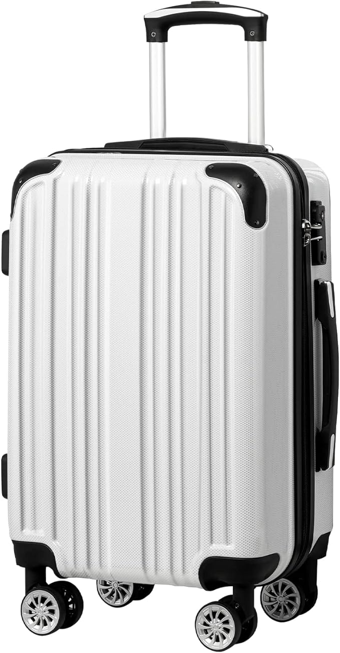 Coolife Luggage Expandable(only 28") Suitcase PC+ABS Spinner 20in 24in 28in Carry on (white grid new, S(20in)_carry on)