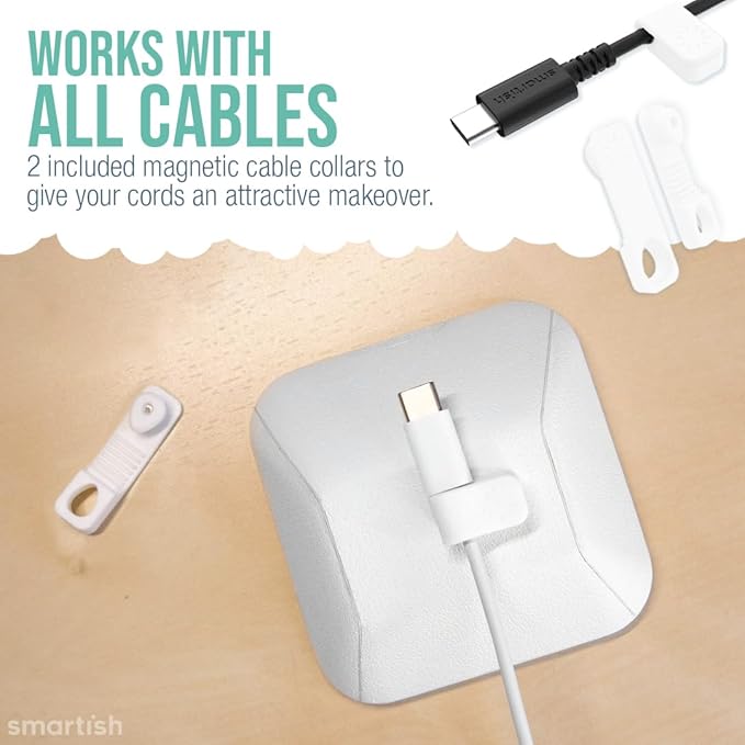 Smartish® Magnetic Cord Holder - Cable Wrangler Organizer with Magnet Clips for Charger Management on Desktop, Nightstand, or Side Table for All Cables, USB-C, Lightning Cables - Snow Day White