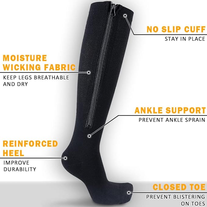 CASMON 2 Pairs Zipper Compression Socks for Women & Men,15-20 mmHg Closed Toe Knee High Support Sock for Varicose Vein Edema