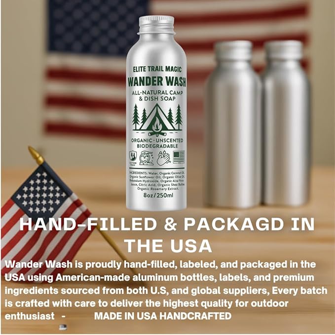 Wander Wash -Biodegradable Camp & Dish Soap Unscented | Made in USA | Organic All-Purpose Camping Gel Soap for Dishes, Hands & Gear – Eco-Friendly Reusable Aluminum Bottle | (8oz) (8floz/250ml)