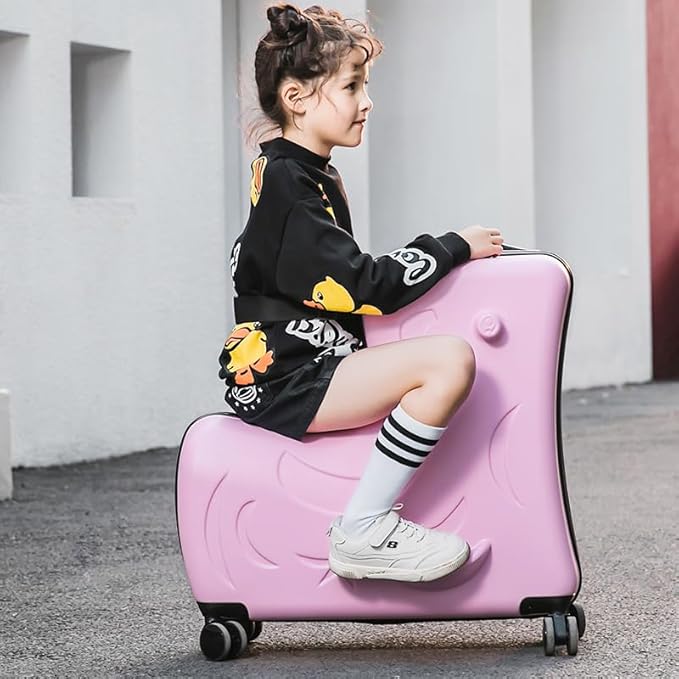 Hardside Ride on Kids Luggage with 4 Spinner Wheels for Girls and Boys,Rolling Childrens Travel Suitcase with Seat and Safety Belt for Toddler Ages 2-6,Verify Carry-on policy 21 Inch Pink
