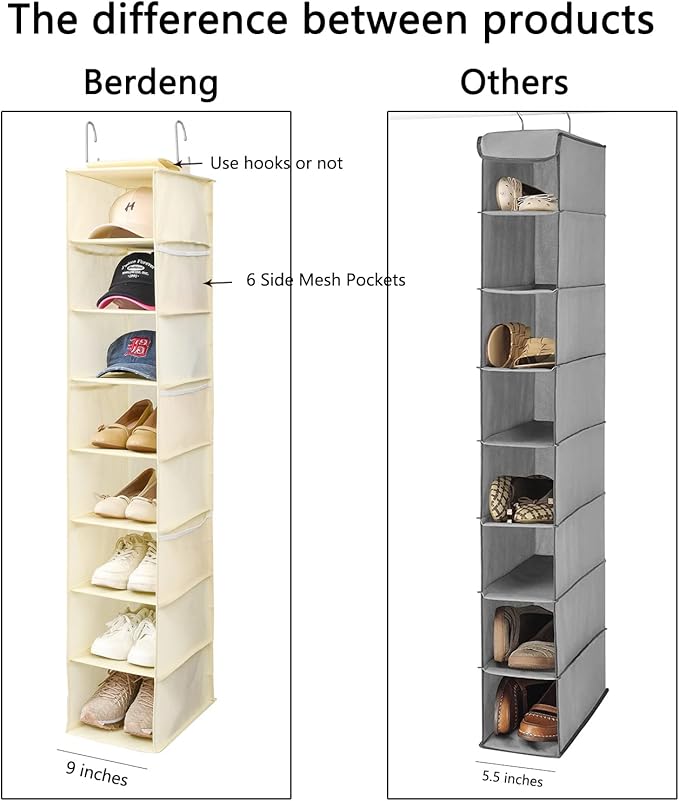 Hanging Shoe Organizer for Closet with Side Mesh Pockets，Hat Racks for Baseball Caps，Shoe and Hat Holder & Storage，8-Shelf，Beige，1 Pack