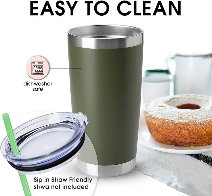 HASLE OUTFITTERS 20oz Stainless Steel Tumblers Bulk, Insulated Travel Cup with Lid, Double Wall Vacuum Coffee Mug for Cold & Hot Drinks 4 Pack, Army Green
