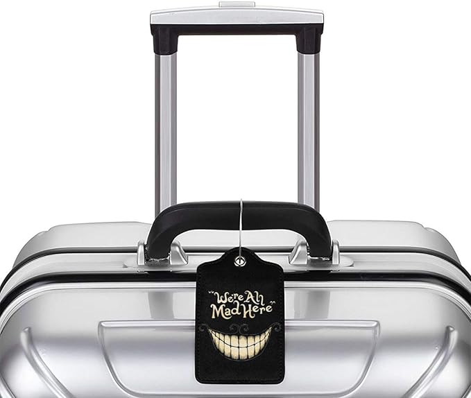 2 Pack Luggage Tags for suitcases Funny Cute Smiley Face We're All Mad Here Luggage Tag, Leather Stainless Steel Loop Label Tag for Men Women Travel Bag Suitcase(Smiley)