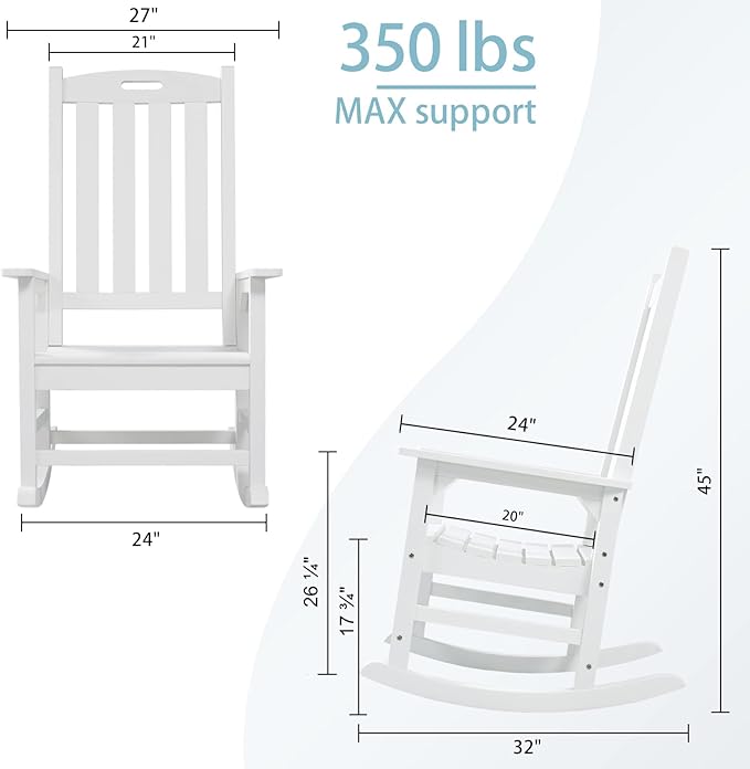 Psilvam Oversized Outdoor Rocking Chair, with 21" Wide Seat and 32" Tall Backrest, Pre-Assembled with Most Components for Effortless Installation (White)