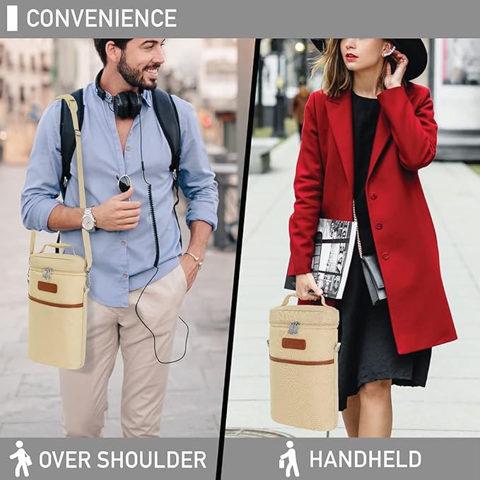 opux 2 Bottle Wine Carrier Tote, Insulated Leakproof Wine Cooler Bag, Wine Travel Bag Tote for Picnic Beach, Portable Wine Bottle Carrying Case, Gift for Wine Lover Women Men Christmas, Cream Beige