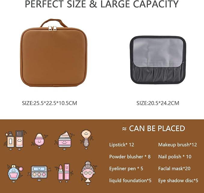 Makeup Bag with Led Mirror,Travel Makeup Organizer with 3 Color Setting & 10X Magnifying Mirror, Portable Storage and Adjustable Dividers Travel Makeup Bag-brown