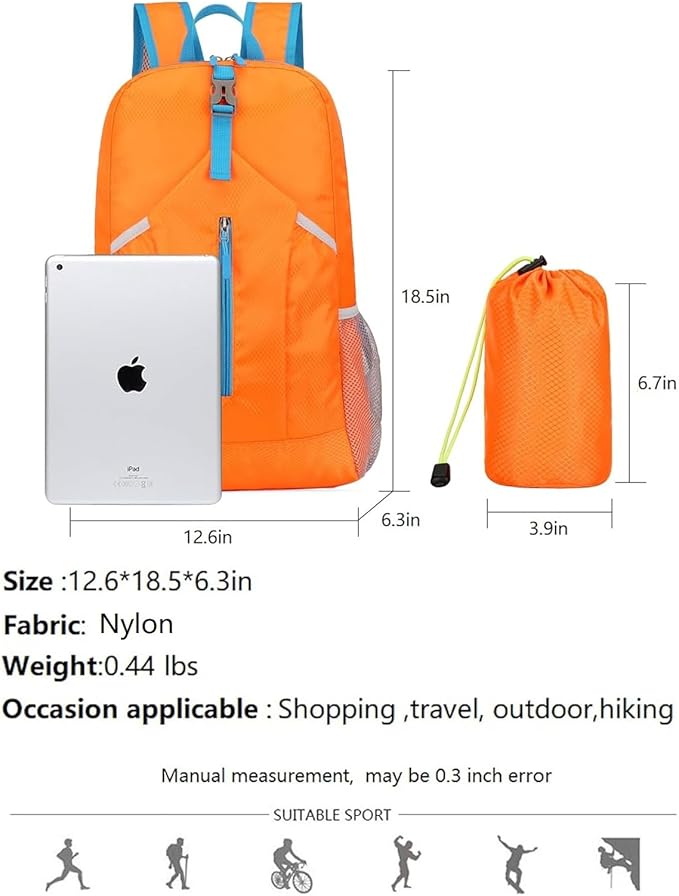 25L Hiking Backpack Foldable Sports Daypack Camping Collapsible Bag Water Repellent Lightweight Travel Men Women (Orange)