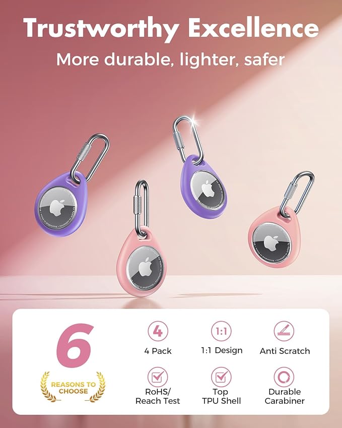 UNBREAKcable AirTag Holder for Apple - 4 Pack Air Tag Case [Professional Carabiner] [Waterproof] [Shockproof] TPU AirTag Keychain for Kids, Pets, Keys, Luggage, Backpacks