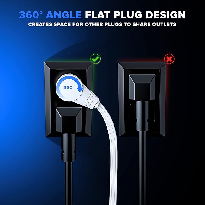 Maximm Cable 3 Ft 360° Rotating Flat Plug Extension Cord/Wire, 16 AWG Multi 3 Outlet Extension Wire, 3 Prong Grounded Wire - White - UL Certified