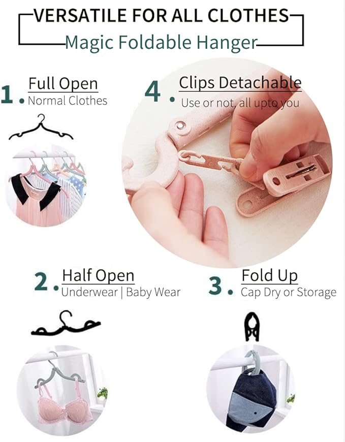 12-Piece Foldable Travel Hangers with Clips - Collapsible Coat Hanger for Pants, Socks, Underwear & Drying Rack
