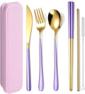 AARAINBOW 6 Pieces 18/8 Stainless Steel Flatware Set Portable Reusable Cutlery Set Travel Utensils Set Including Chopsticks Knife Fork Spoon Straws Cleaning Brush Dishwasher Safe (Purple golden)