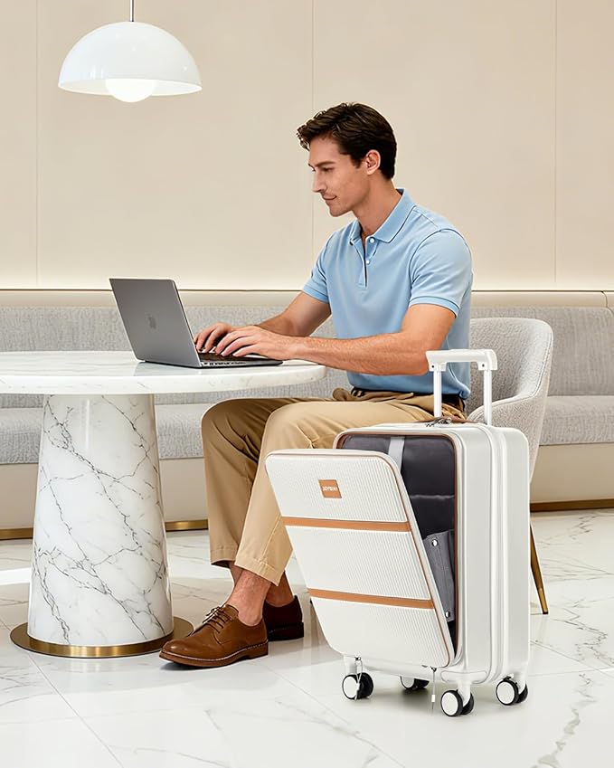 Joyway Carry on Luggage Airline Approved with Front Pocket, Hardside 20 Inch Travel Luggages with Cup Holder, Carry-on Suitcase with Spinner Wheels for Men and Women (White, 20 Inch)