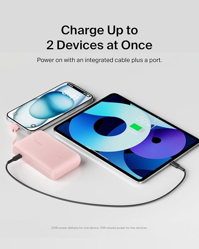 Belkin Portable Charger, Power Bank with Integrated Cable 10000 mAh 20W - Fast Charge USB C Power Delivery, iPhone Charger - iPhone 16 Series, iPad Pro, Galaxy S25, & More - Pink