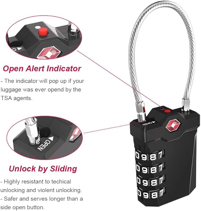 ZHEGE TSA Luggage Locks, Travel Locks TSA Approved, 4 Digit Cable Luggage Lock with Open Alert Indicator for Suitcase, Backpack, Baggage, Laptop Bag (2 Pack, Red)