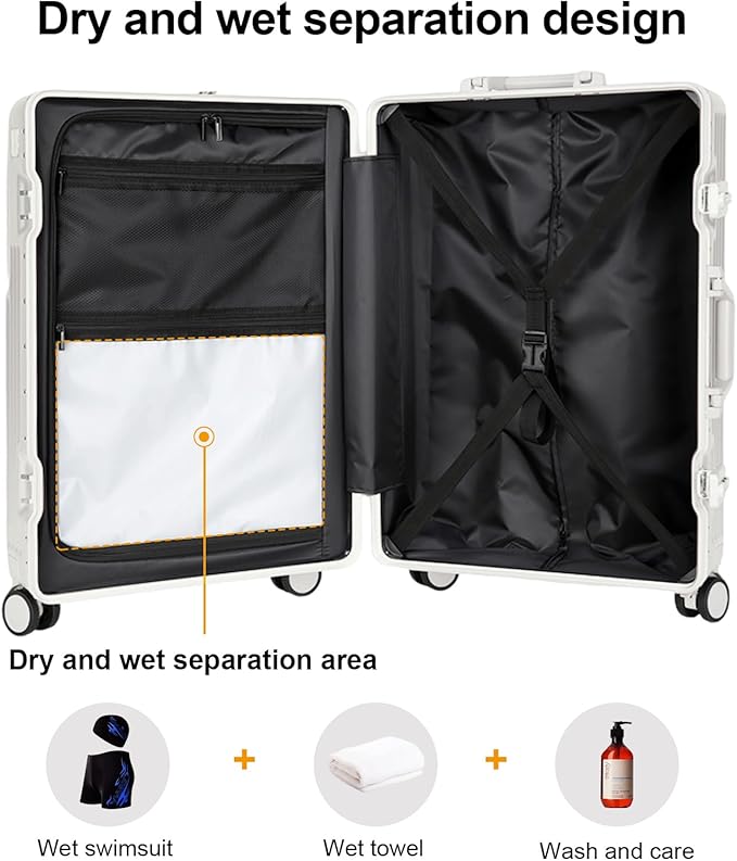 2-Piece Hardshell Zipperless Luggage Set, 20/26" Aluminum Frame Hardshell Spinner Luggage, Airline Approved Carry-On Luggage, TSA Lock, 360° Quiet Wheels With Cup Holder (White)