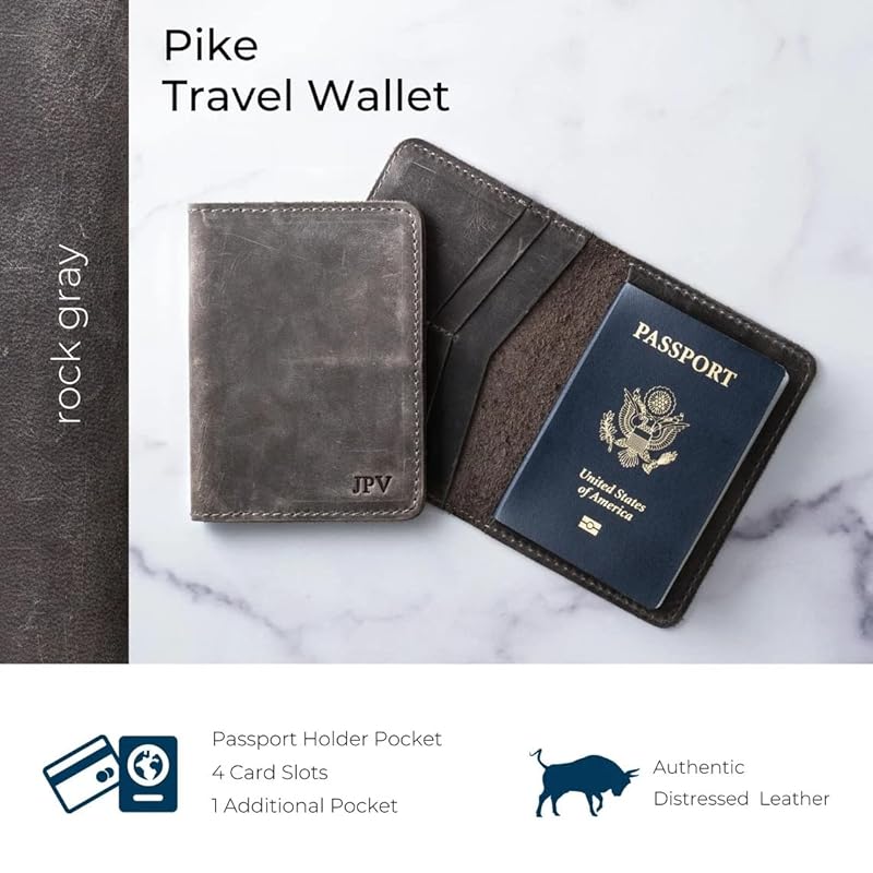 PEGAI Standard Full Grain Crazy Horse Leather Passport Holder | Custom Travel Passport Cover & Organizer | Handcrafted Leather Passport Wallet for Men and Women | Pike (Rock)