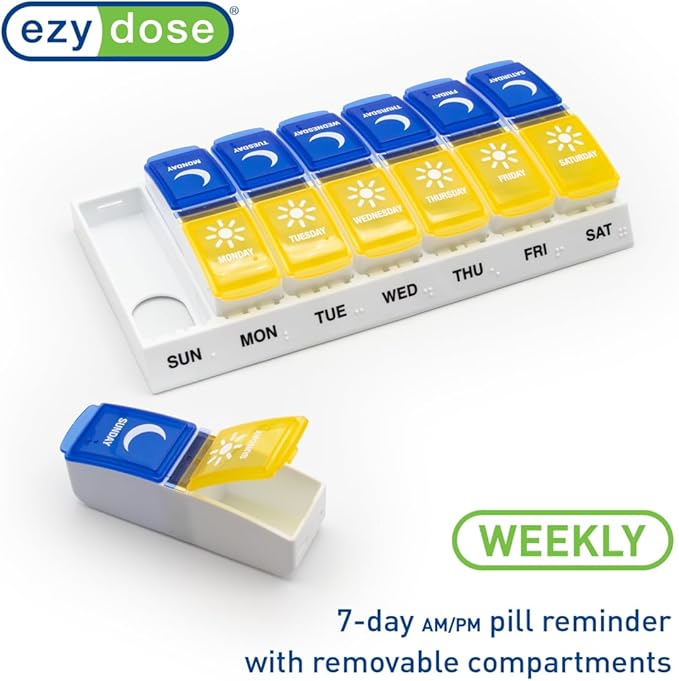 EZY DOSE Weekly (7-Day) AM/PM Pill Organizer, Daily Vitamin Container and Medicine Box, Large Pop-Out Compartments, Designed for Travel, 2 Times a Day, Blue and Yellow Lids
