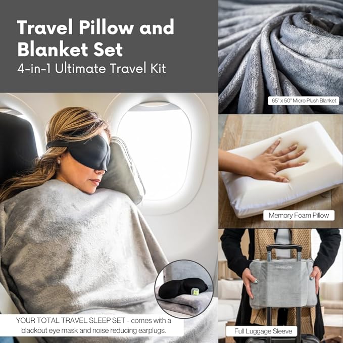 Travel Pillow and Blanket Set - 4-in-1 Ultimate Travel Kit with Memory Foam Pillow, Travel Blanket, Sleep Mask, and Earplugs-Ultimate Comfort and Coziness for Your Journeys - Pink