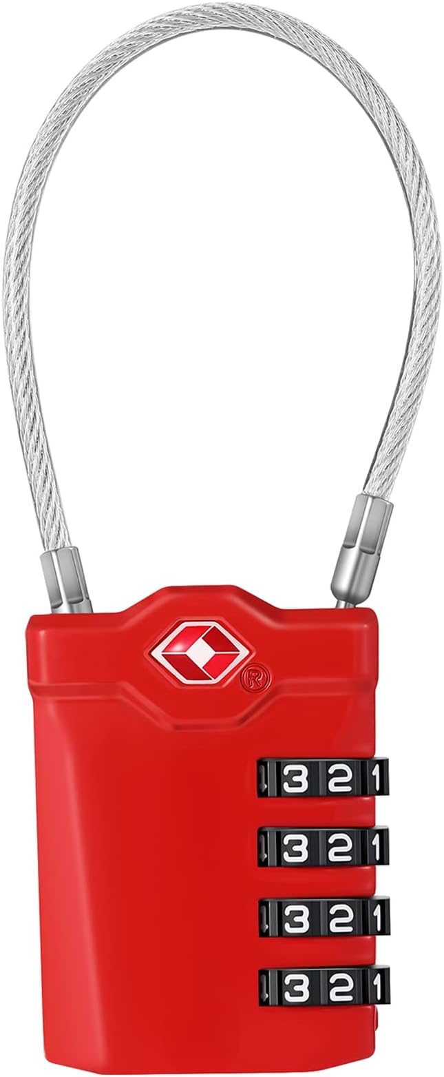 ZHEGE TSA Cable Luggage Lock, 4 Digit Zipper Lock with Open Alert Indicator, Easy to Read White Number Lock for School Gym Locker, Backpack, Suitcase, Laptop Bag (1 Pack, Red)