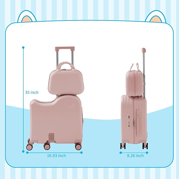 TABU Ride-on Luggage with Handbag for Kids，Hardshell Carry On Suitcase with Hidden Cup Holder, Foldable Pedal,Type-C & USB Interface, TSA Lock, 6-Spinner Wheels, Pink