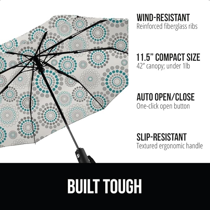 GORILLA GRIP Strong Stick Umbrella for Rain, Compact Travel One-Click Automatic Open Close, Lightweight, Portable, US Designed Reinforced Fiberglass Ribs, Wind Resistant, Easy Collapse, Spiral
