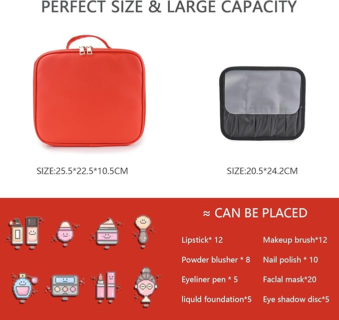 Makeup Bag with Led Mirror,Travel Makeup Organizer with 3 Color Setting & 10X Magnifying Mirror, Portable Storage and Adjustable Dividers Travel Makeup Bag-red