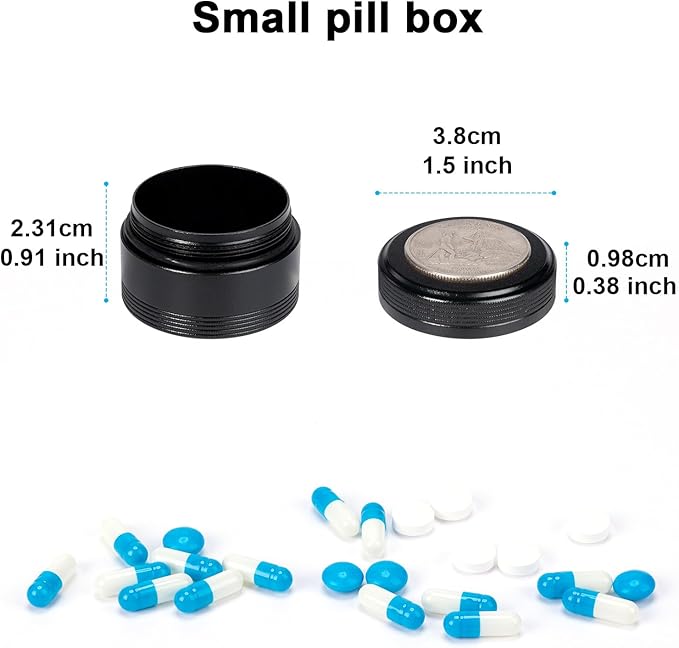 XHT Small Round Black Pill Box - Single Waterproof Portable Pill Container for Pocket & Purse, Travel Medicine Organizer, Compact Aluminum Pillbox Holder for Medication, Fish Oil