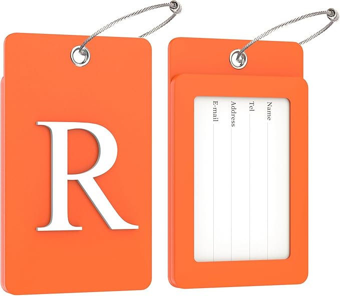 Gostwo 2 Pack Luggage Tags for Suitcases, 26 Initial Letter Travel Luggage Baggage Identification Labels ID Tag Fully Bendable Tags with Stainless Steel Loop (Orange) (Letter R)