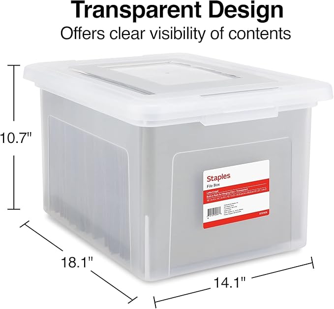 STAPLES Hanging File Folder Box, Storage Bin Organizer, Snap Lid, Letter & Legal Size Documents, Clear