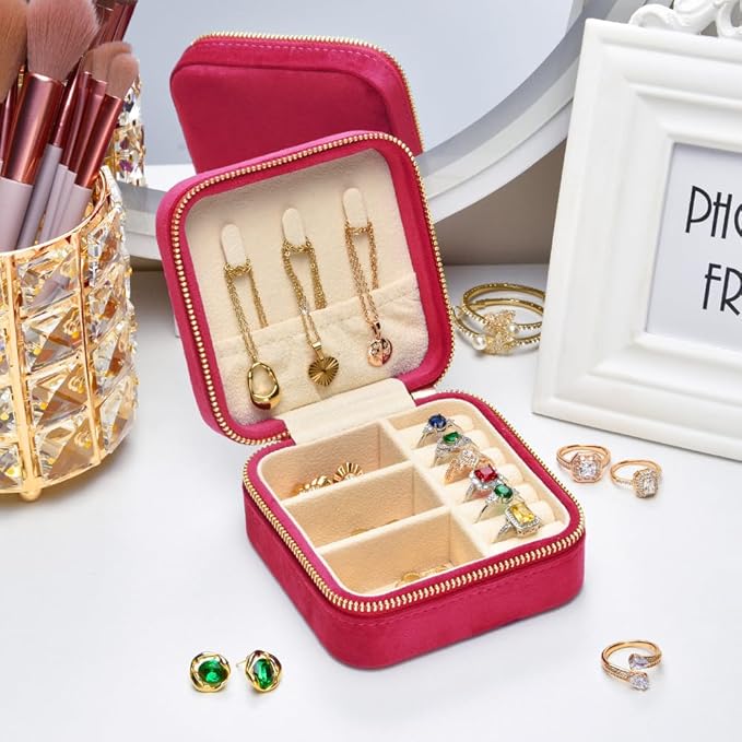 Travel Jewelry Case, Small Plush Velvet Jewelry Box for Women and Girls, Portable Jewelry holder organizer for Rings Earrings Necklaces Bracelets(Magenta)
