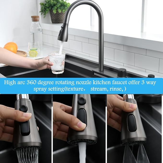 33 Inch Black Waterfall Kitchen Sink Workstation -Bokaiya 33x19 Drop In Kitchen Sink with Faucet Black Stainless Steel Waterfall Sink 16 Gauge Single Bowl Modern Kitchen Sinks with Cutting Board