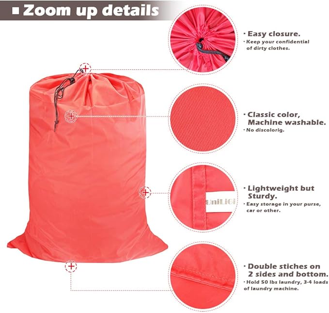 Washable Travel Laundry Bag with Drawstring (3 Pack), Large Dirty Clothes Bag Fit a Laundry Basket or Clothes Hamper, Enough to Hold 4 Loads of Laundry,26x39 inches Red 3