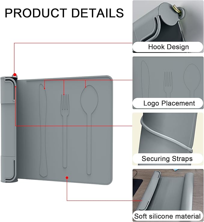 Utensil Box, Tableware Silicone Portable Box Silverware mat, Suitable for Kitchen Utensils, Portable Outdoor Camping Spoon Fork Utensils Storage mat (Gray)