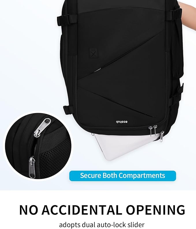 ECOHUB 30L Carry on Travel Backpack for Men Women 18x14x8, 17 inch Expandable Airlines Personal Item Bag Water Resistant Laptop Backpack Flight Approved with USB Slot & Wet Pocket, Black