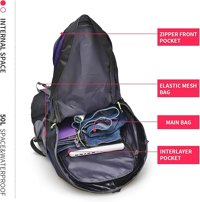 Bseash 50L Hiking Backpack, Water Resistant Lightweight Outdoor Sport Daypack Travel Bag for Camping Climbing Skiing Cycling (Dark Purple - With Shoe Compartment)