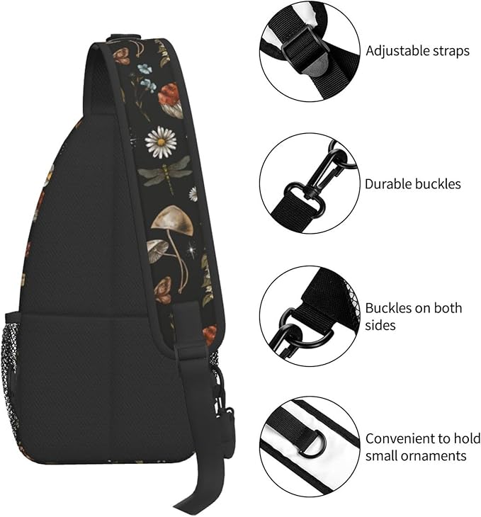 SUPLUCHOM Sling Bag Vintage Mushroom Leaf Forest Hiking Daypack Crossbody Shoulder Backpack Travel Chest Pack for Men Women Over 12 Years Old