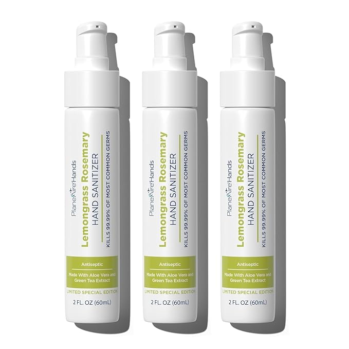 Lemongrass Rosemary Lotion Hand Sanitizer | Travel Size | Cleanse & Moisturize | Made with Aloe Vera & Essential Oils | Rich in Vitamin E | Lemongrass Essential Oil | Green Tea Extract | 3-Pack