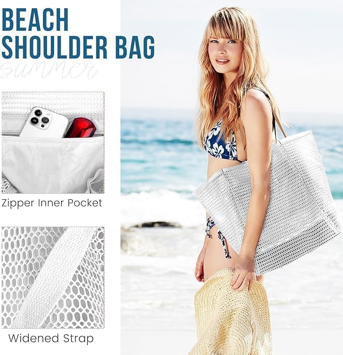 Beach Bags for Women, Foldable Mesh Tote Bag with Mini Pocke, Womens Shoulder Handbag for Travel Beach, White, Large, White