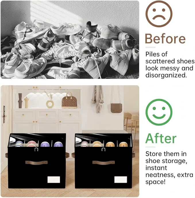 3 Pack Shoe Organizer for Closet, Foldable Shoe Storage Containers, Fits up to 24-48 Pairs, Shoe Storage Organizer Box Cubby Baskets Bins with Clear Cover and Reinforced Handles, Black