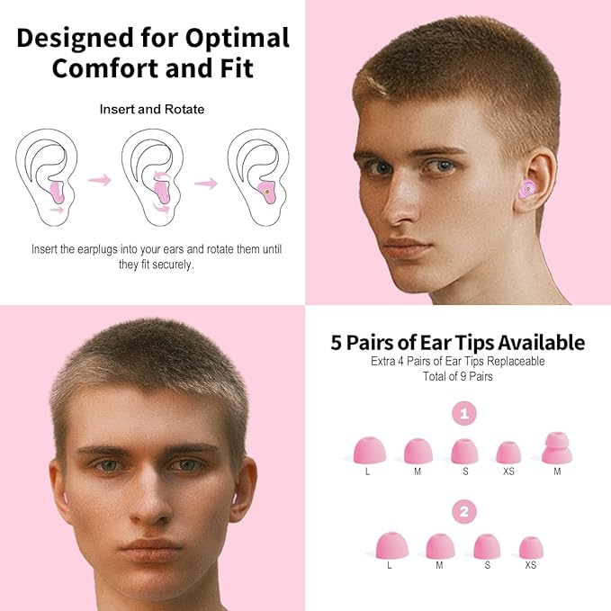 Ear Plugs for Sleeping Reusable Earplugs for Concerts Noise Cancelling Soft Silicone Noise Reduction Earbuds for Travel, Focus, Work 33-45dB Hearing Protection with 9 Ear Tips & Case (Pink)