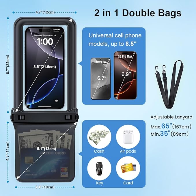 Waterproof Phone Pouch Floating, Double Bags Waterproof Phone Case with Lanyard for iPhone 16 15 Pro Max, Galaxy S24 S23 Ultra, IPX8 Cellphone Dry Bag Beach Cruise Ship Essentials 2 Pack-8.5''