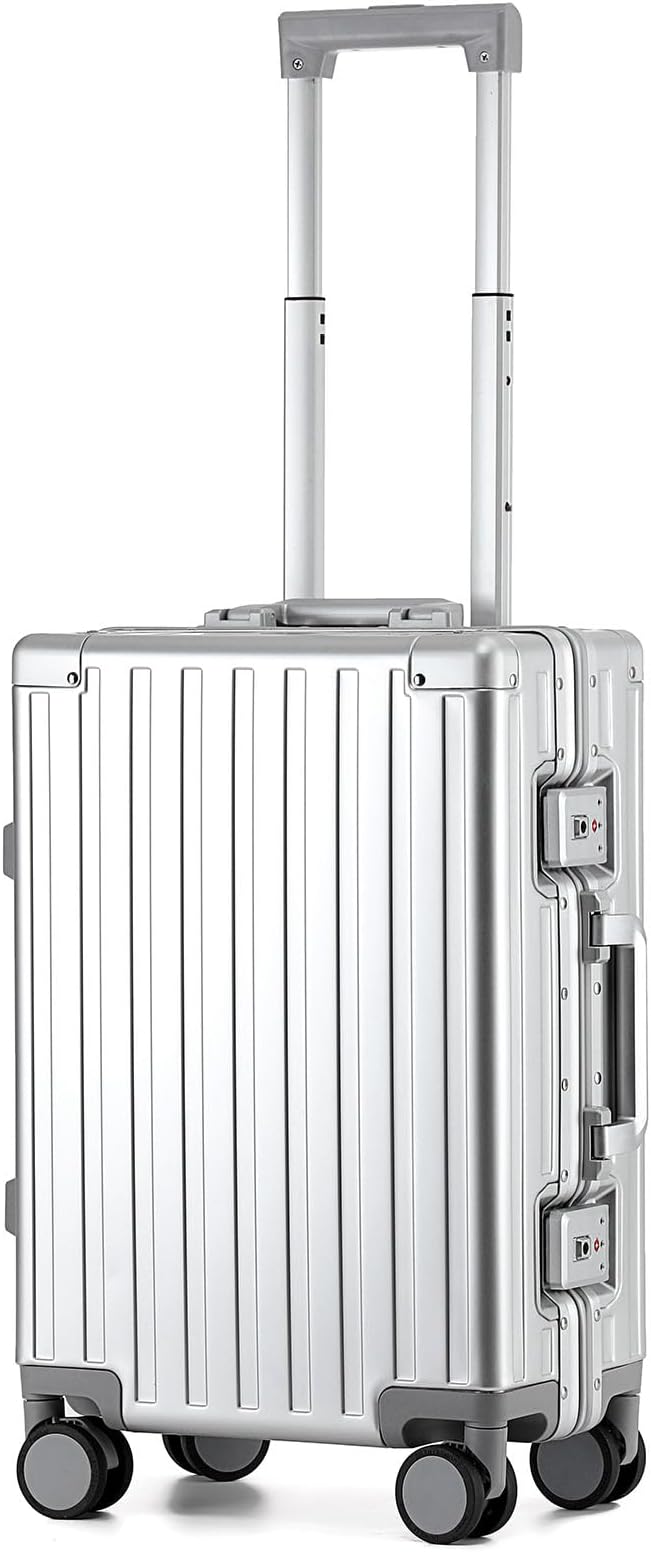 20 Inch All Aluminum Carry On Luggage 22x14x9 Airline Approved with Spinner Wheels,Hard Shell Zipperless Lightweight Small Suitcase with TSA Approved for Travel Business Women Men,Silver