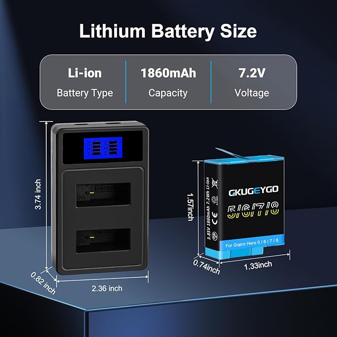 Rechargeable Battery Charger Kit Compatible with Gopro Hero 8/7/6/5 Black 2-Pack Batteries and Dual Channel USB Charger Combo