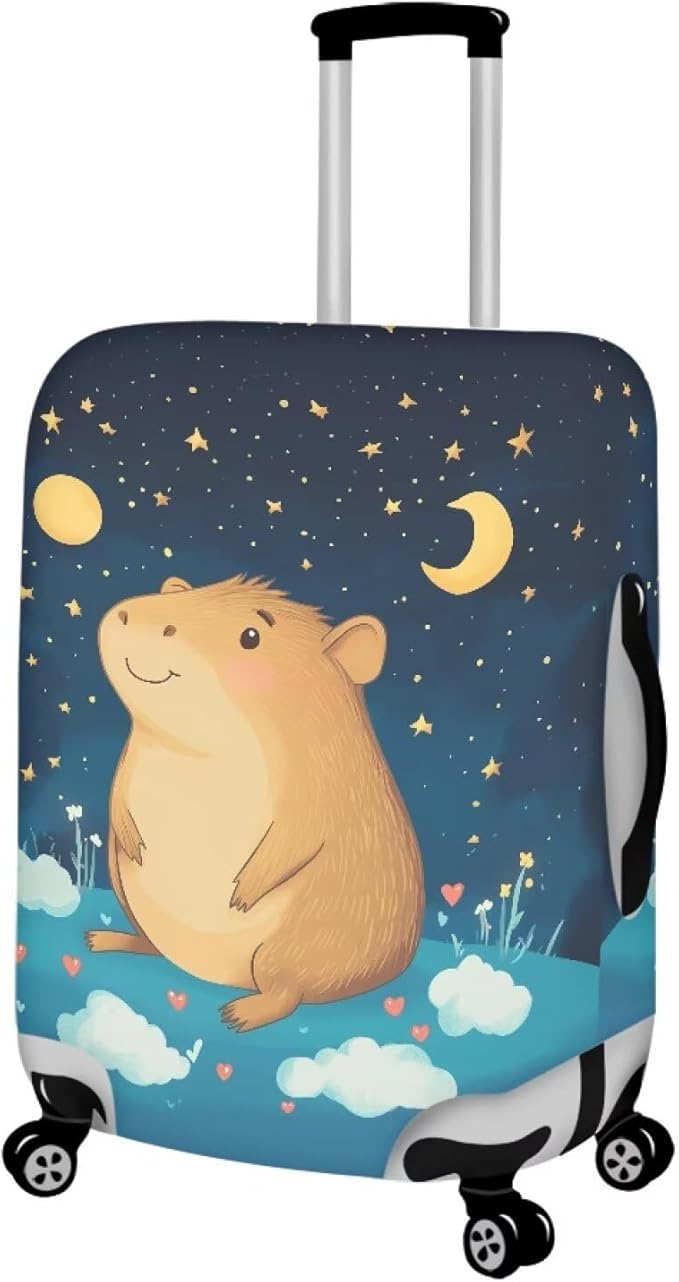 Capybara Suitcase Cover Cute Luggage Cover Protector Invisible Zipper Closure Travel Luggage Protector Fit 30-32 Inch Anti-Scratch Stretchable Suitcase Protector, Moon and Star